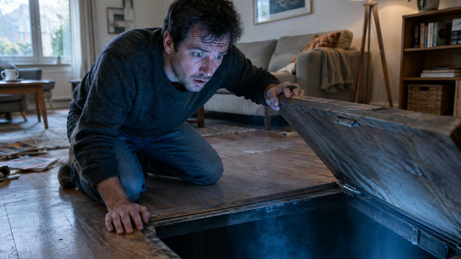Trappe en bois au milieu d'un salon lumineux, escalier étroit descendant dans l'obscurité vers une pièce souterraine secrète sans fenêtres visibles