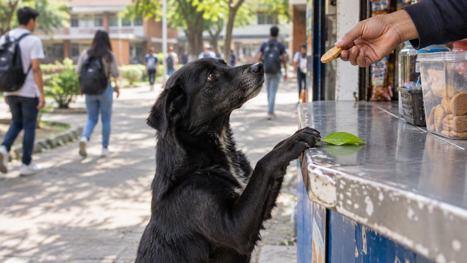 Il dépose une feuille d'arbre sur le comptoir pour obtenir un biscuit : ce chien errant est devenu la star du campus