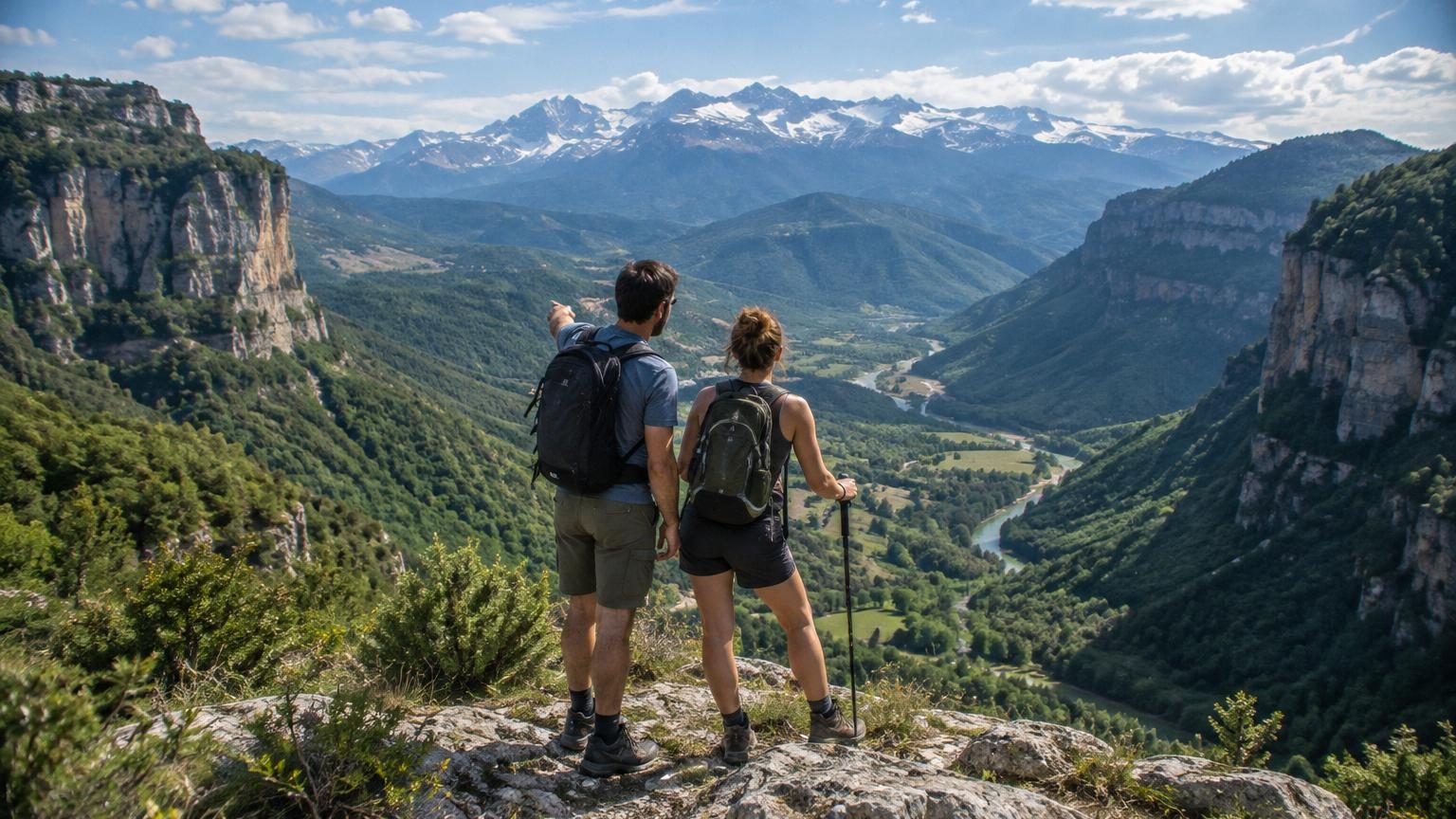 Panorama montagneux des Pics d'Europe avec chaîne de sommets calcaires enneigés dominant une vallée verte et un lac glaciaire.