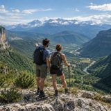 Panorama montagneux des Pics d'Europe avec chaîne de sommets calcaires enneigés dominant une vallée verte et un lac glaciaire.
