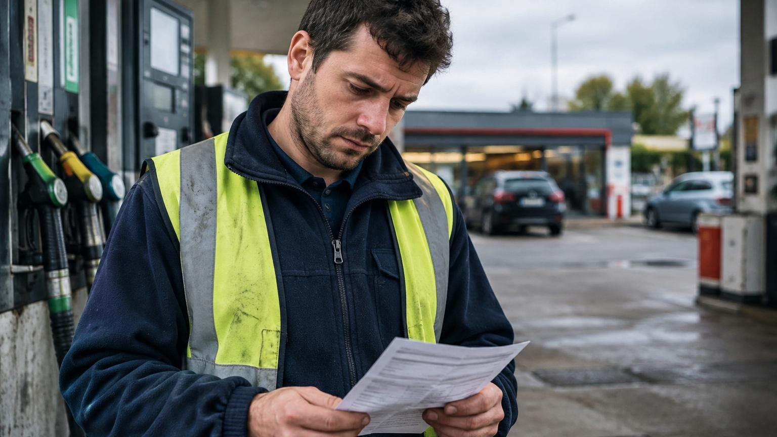 Pompiste en uniforme derrière le comptoir d'une station-service, gérant l'encaissement et la boutique.