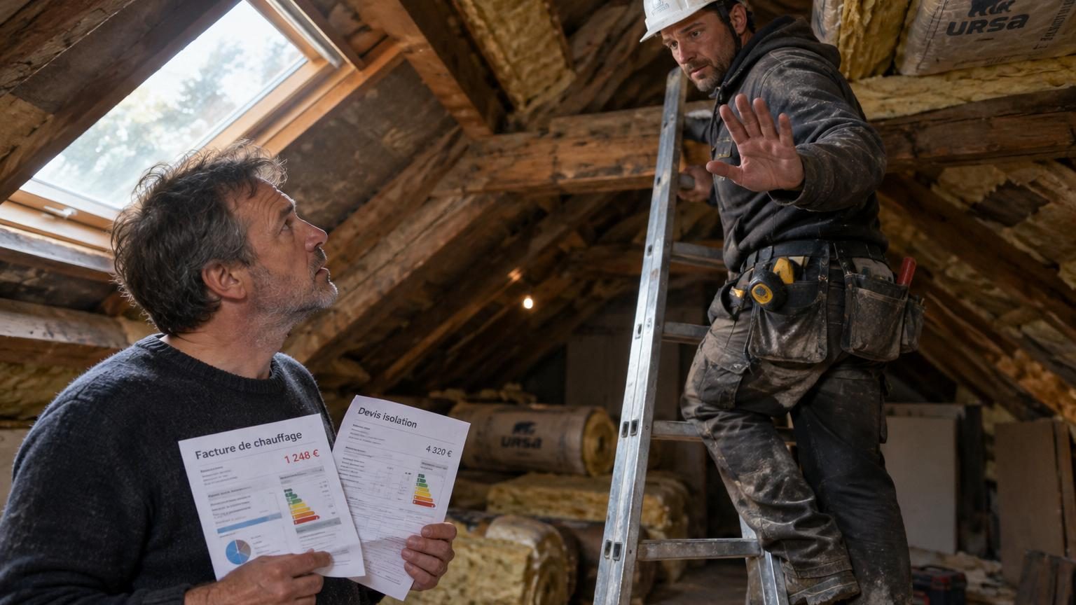 Il fait isoler ses combles pour baisser sa facture de chauffage : en haut de l'échelle, l'artisan lui demande de repousser tout le chantier