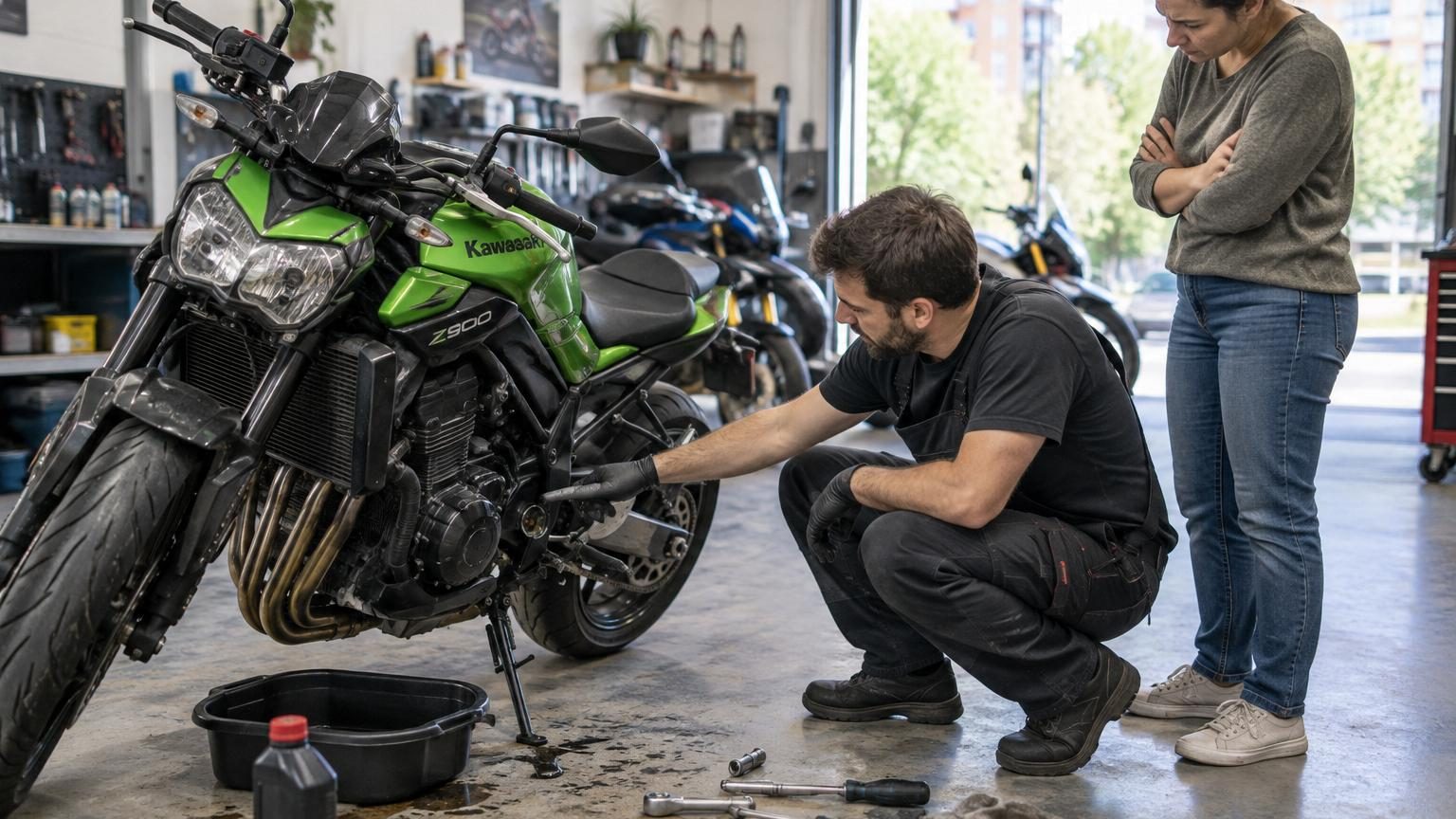 Il fait la vidange de sa Kawasaki avec la béquille latérale dépliée : le verdict du mécanicien est sans appel