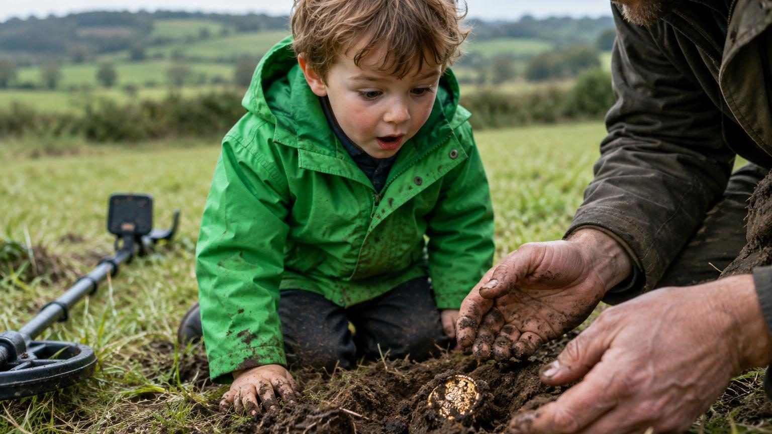 Un enfant tenant un détecteur de métaux en or rose dans un champ anglais, avec un reliquaire en or ciselé brillant dans la terre à proximité, sous un ciel dégagé.