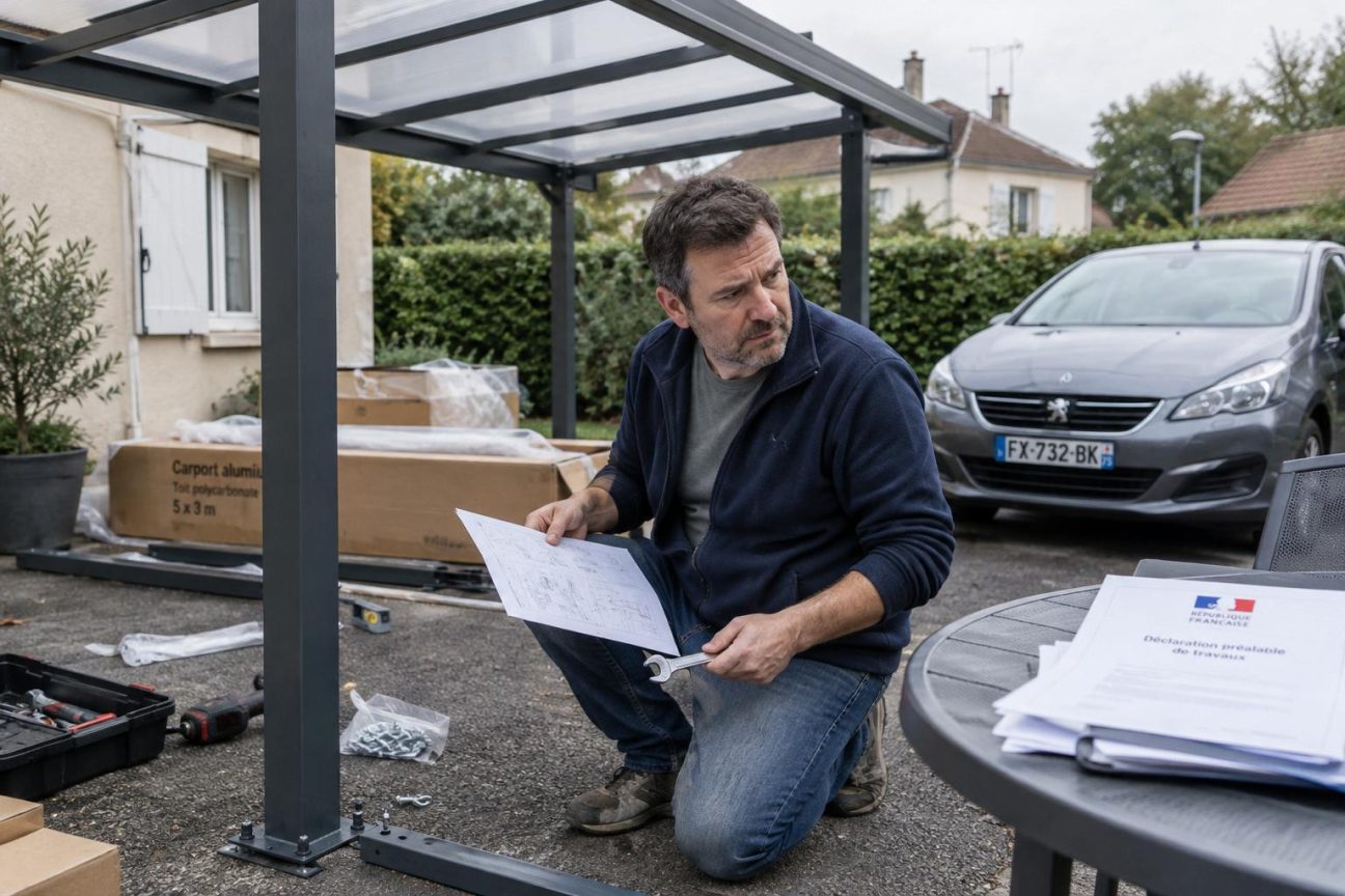 Il monte son abri de voiture en kit un samedi dans son allée : au-delà de 5 m², la mairie attendait une déclaration