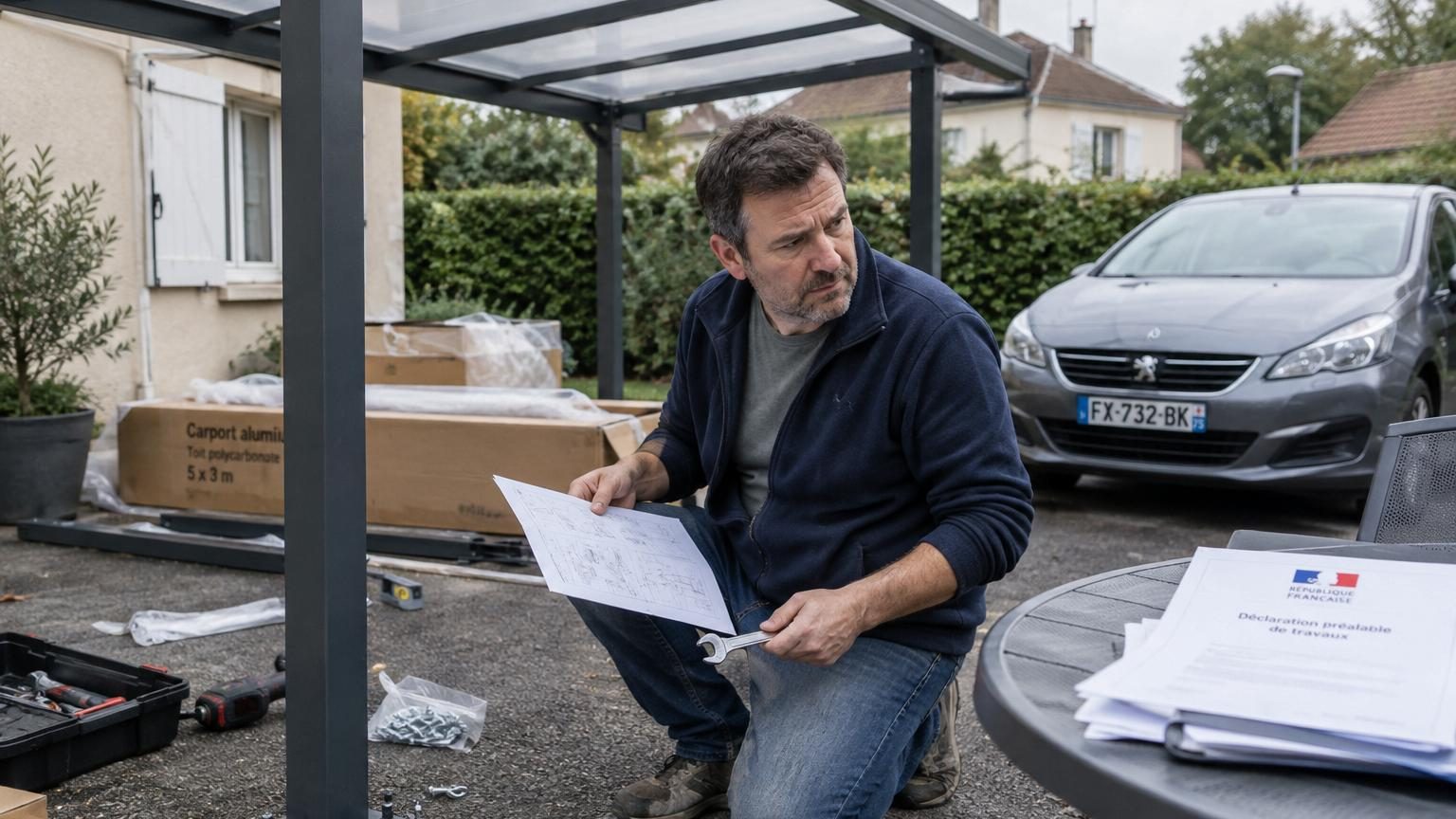 Il monte son abri de voiture en kit un samedi dans son allée : au-delà de 5 m², la mairie attendait une déclaration