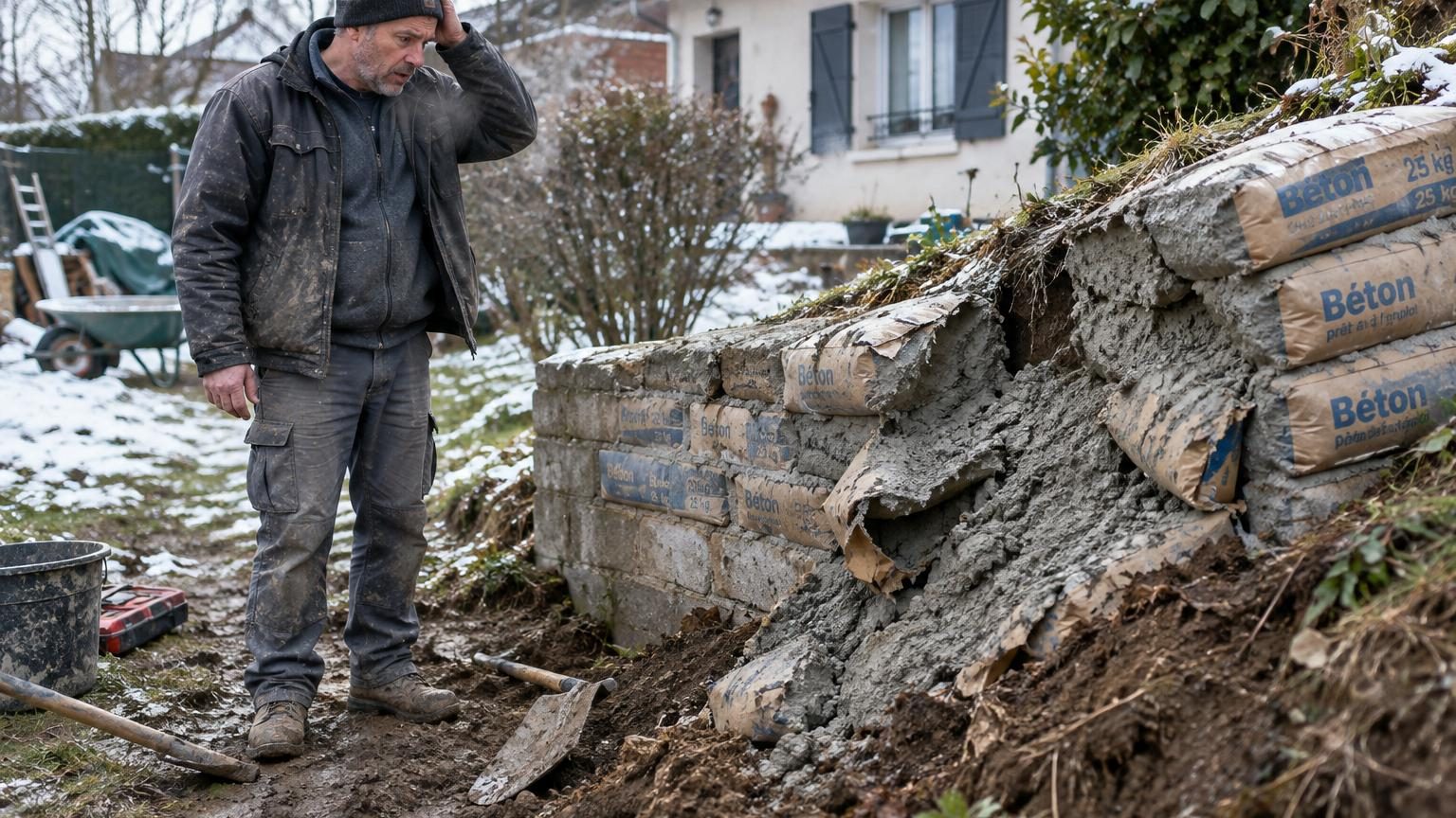 Il monte son mur de soutènement avec des sacs de béton empilés, sans coffrage ni parpaing : l&rsquo;erreur qui fait tout basculer au premier hiver