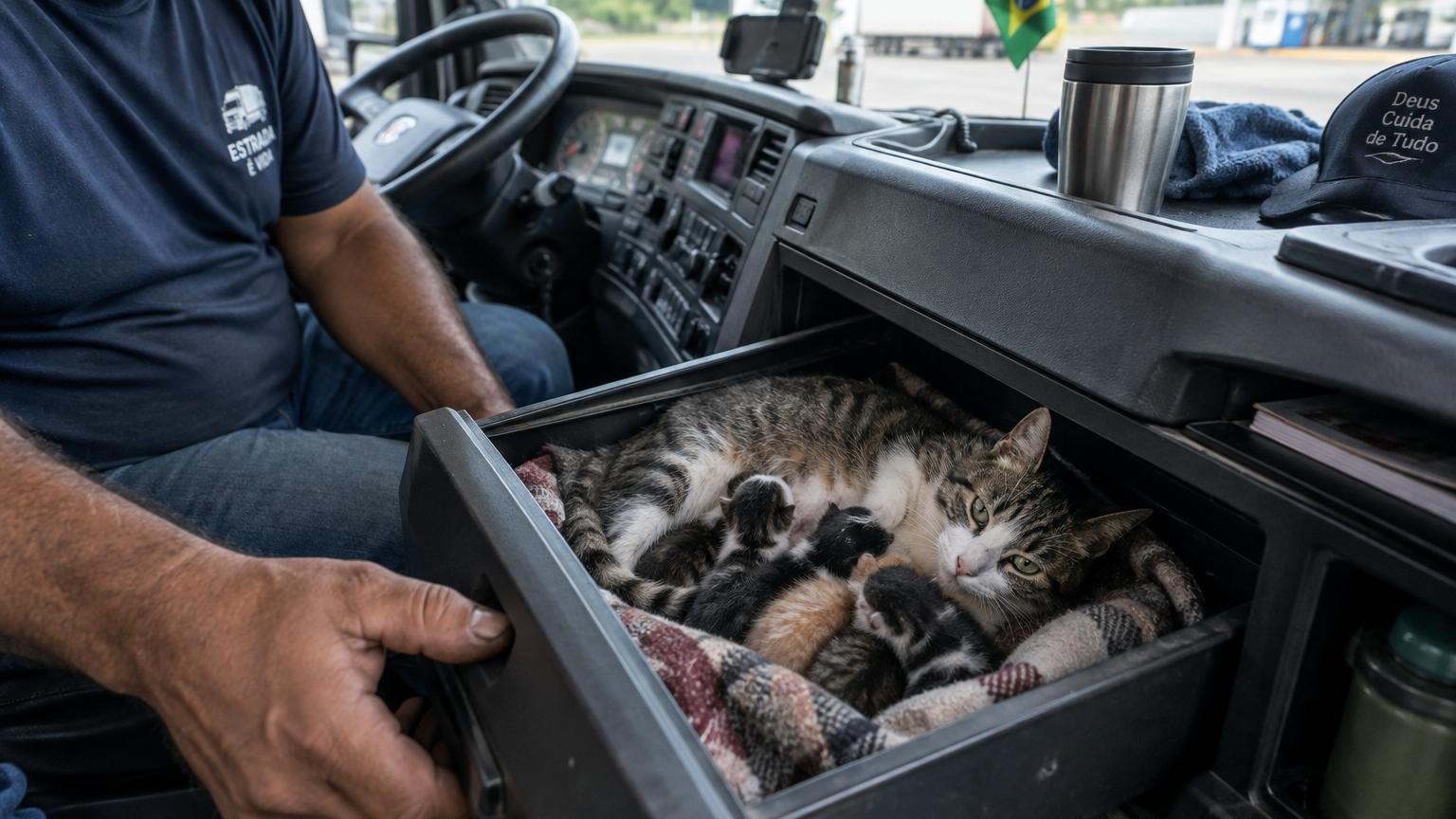 Il ouvre le tiroir de sa cabine de camion : une chatte et ses chatons y vivent, et il appelle ça son « tiroir du bonheur »