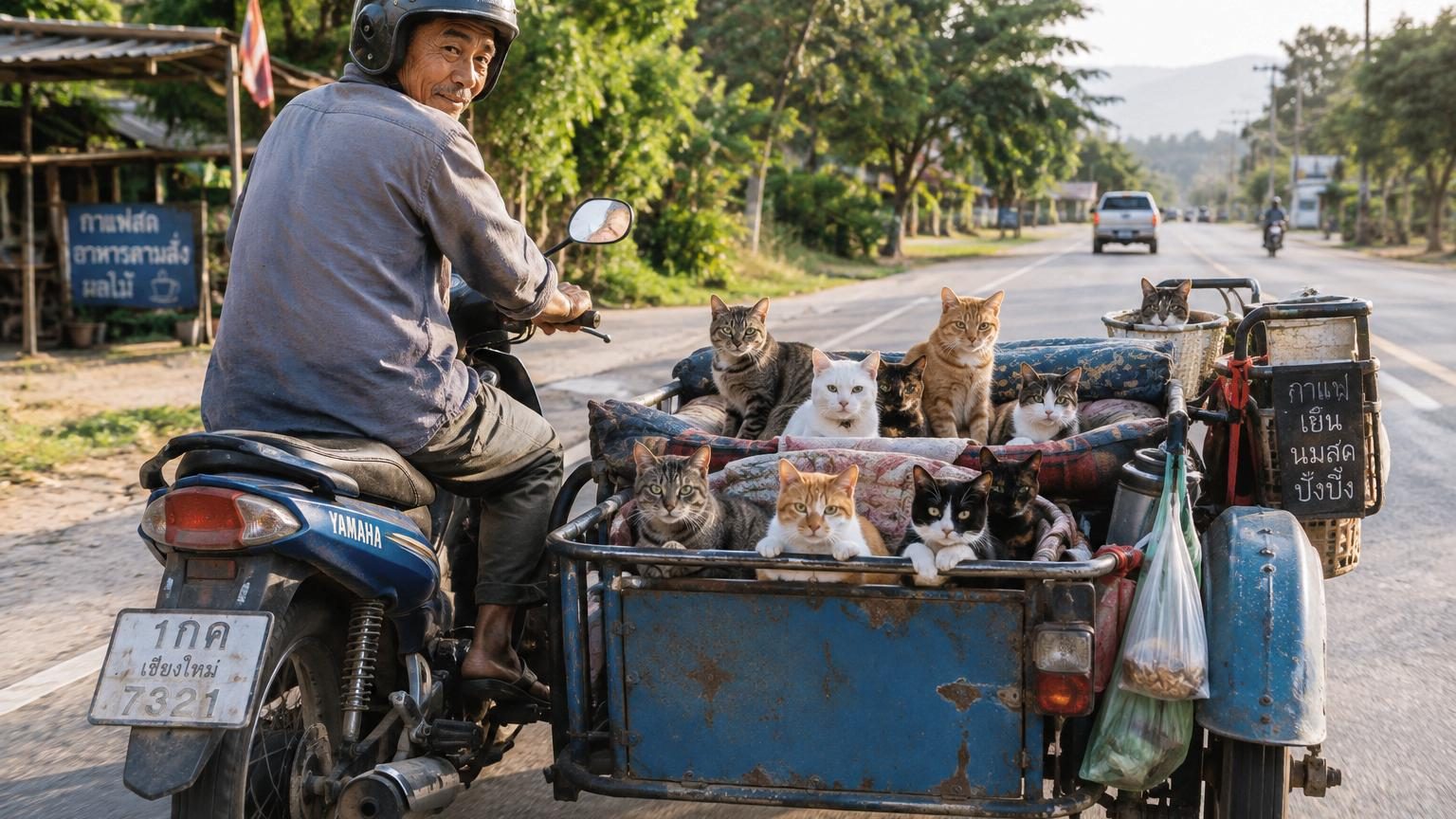 Il parcourt les routes à moto avec ses 11 chats installés à l'arrière : l'incroyable histoire de l'oncle Samsen