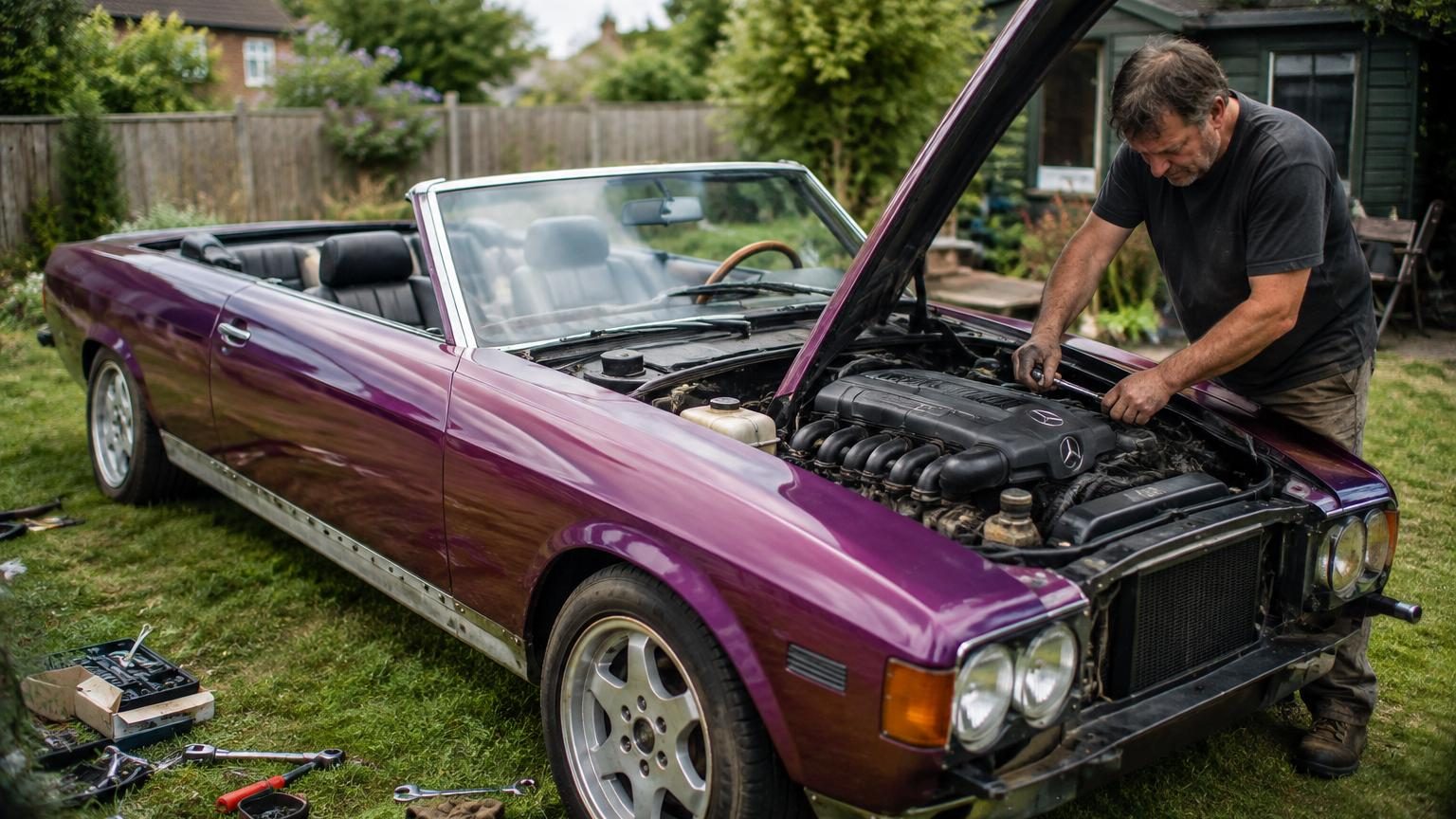 Il passe quatre ans dans son jardin à assembler des pièces détachées : le résultat est un cabriolet de 5 mètres avec un moteur Mercedes