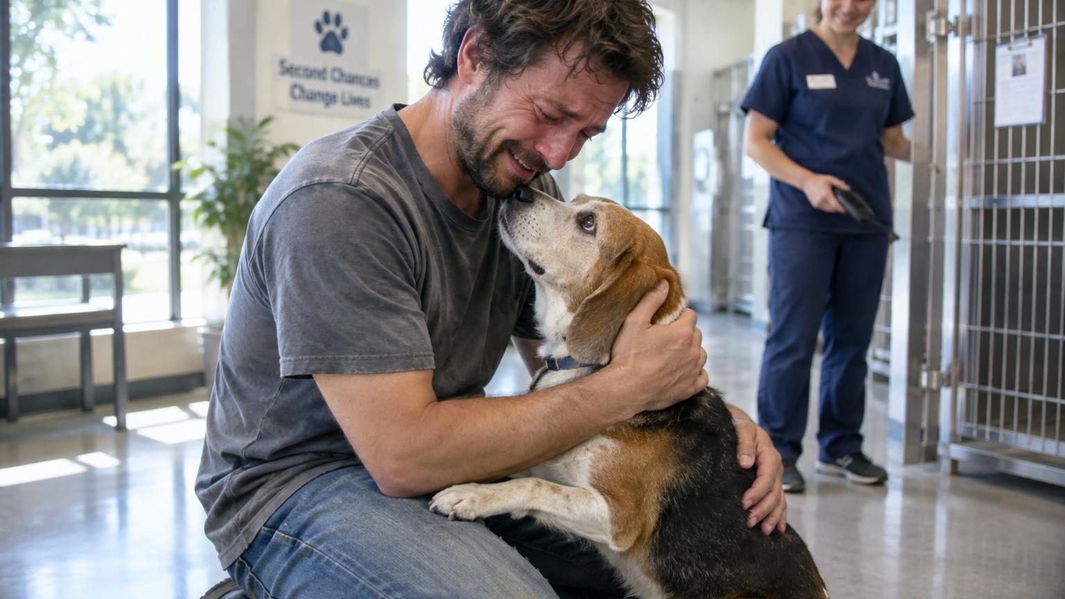 Chris Becker en retrouvailles avec Rosie, un beagle âgé aux poils grisonnants, lors d'une rencontre dans un salon de toilettage en Floride après plus de dix ans de séparation.