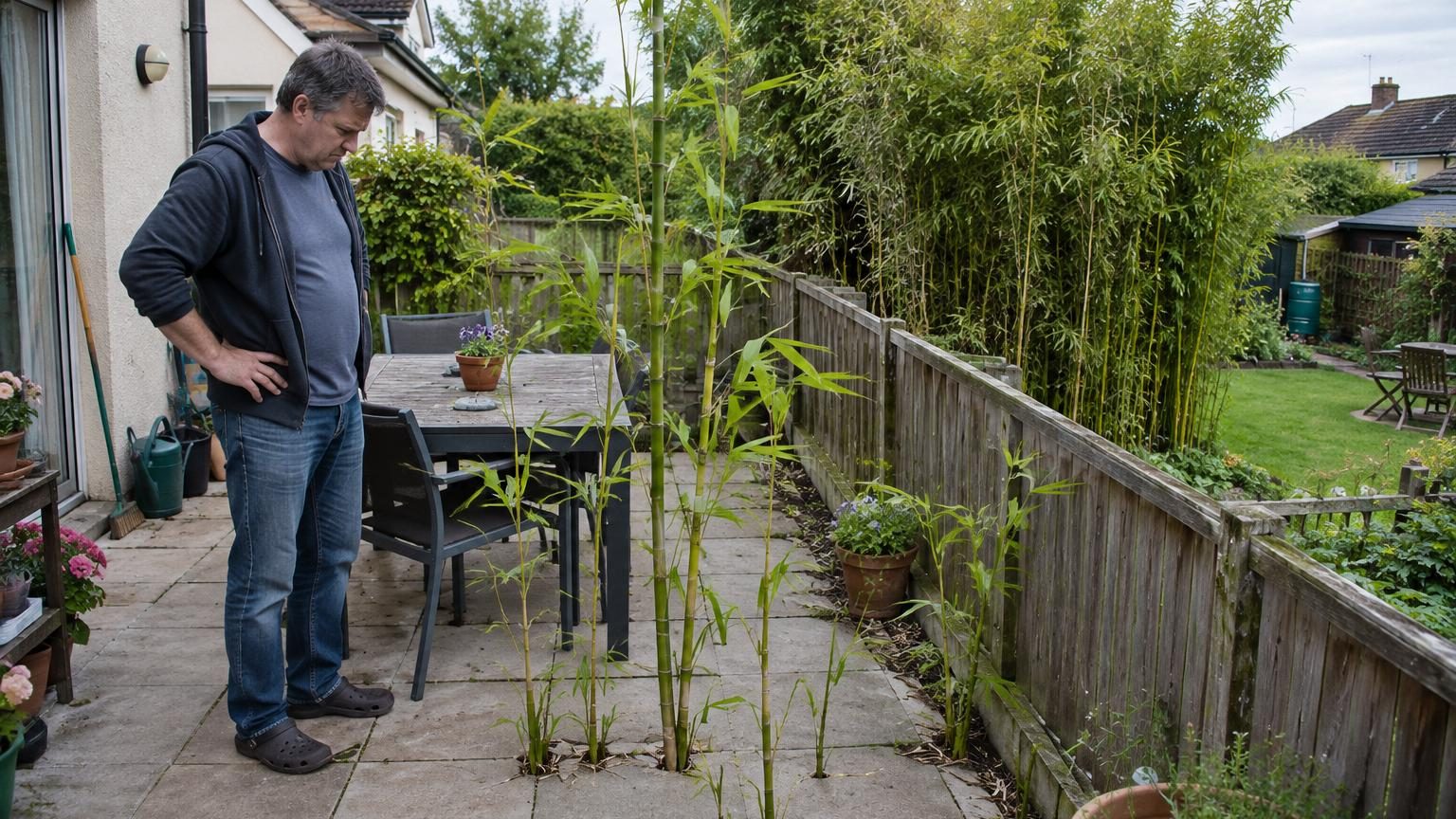 Il plante des bambous le long de la clôture pour s'isoler du voisin : trois printemps plus tard, les pousses sortent sur la terrasse d'à côté