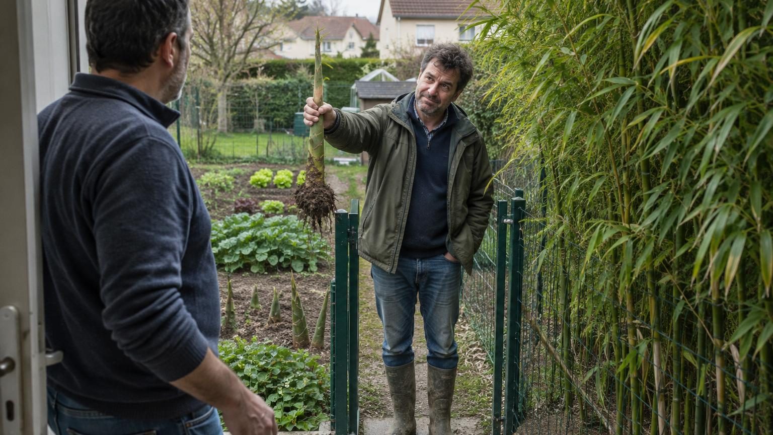 Il plante une haie de bambous contre la clôture en automne : trois printemps plus tard, c'est le voisin qui sonne, une pousse à la main