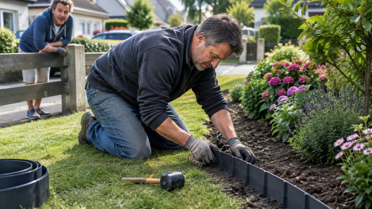 Petit jardin de banlieue avec bordure de plastique noire délimitant nettement les massifs de fleurs et la pelouse, créant un aspect structuré et professionnel.