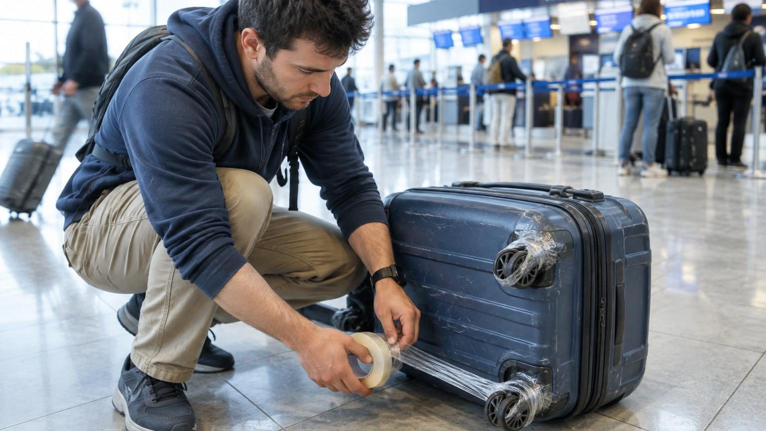 Il pose du ruban adhésif sur les quatre roulettes de sa valise avant l'enregistrement : au retour, la différence saute aux yeux
