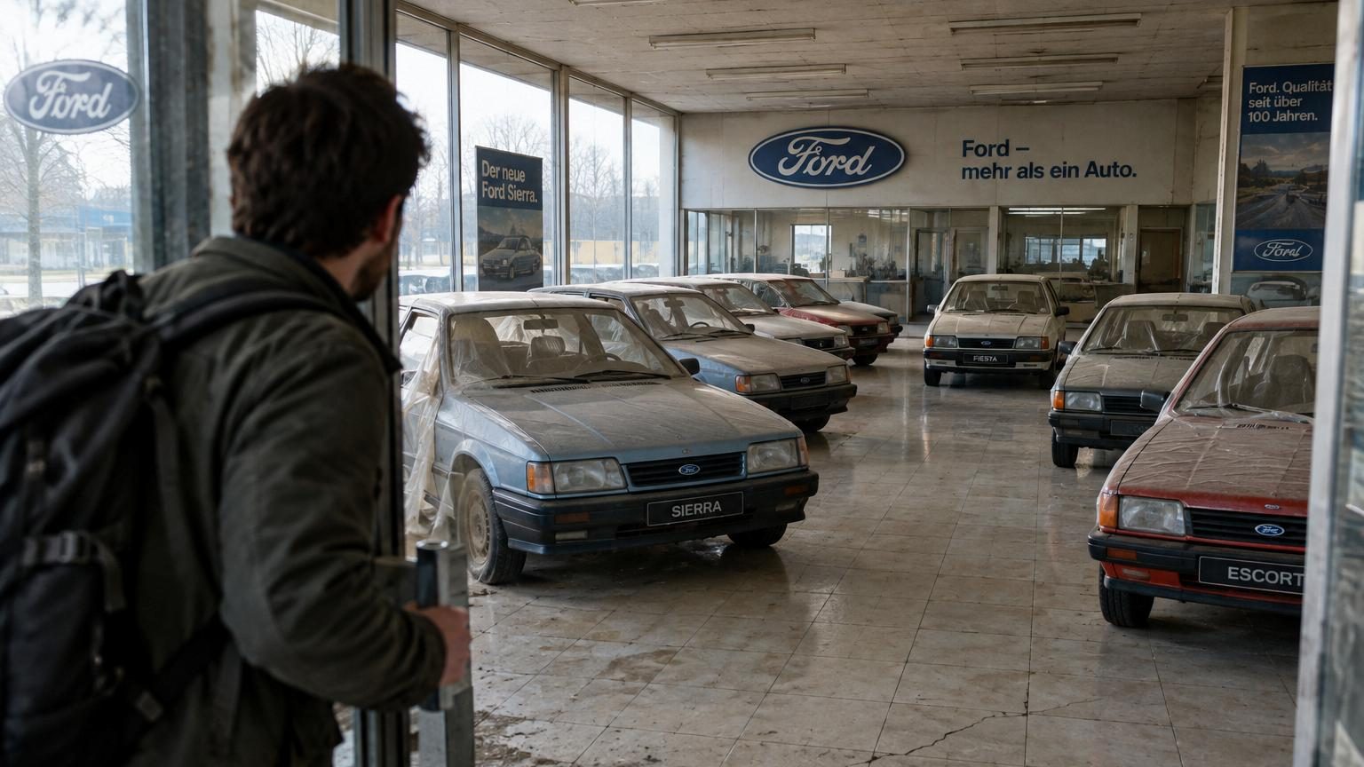 Il pousse la porte d'une concession Ford abandonnée en Allemagne : à l'intérieur, des voitures des années 1980 encore sous emballage d'usine