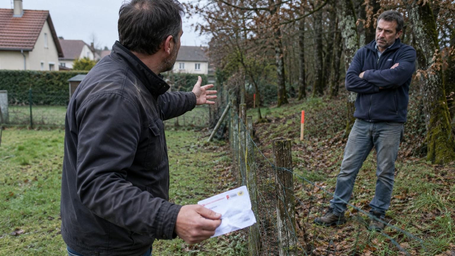 Il rachète le petit bois de chênes au fond de son jardin chez le notaire un matin de mars : quatre ans plus tard, le voisin sort une lettre recommandée