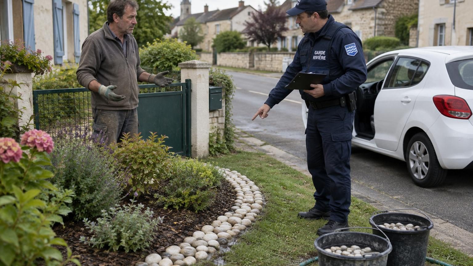 Il ramassait chaque fin d'été quelques seaux de galets dans la rivière pour border ses massifs : un matin de septembre, le garde-pêche s'arrête devant chez lui