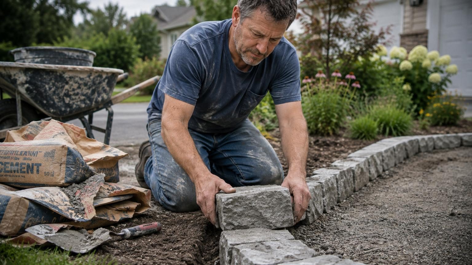 Il récupère ses sacs de béton de chantier au lieu de les jeter : sa bordure d'allée ressemble désormais à de la pierre naturelle