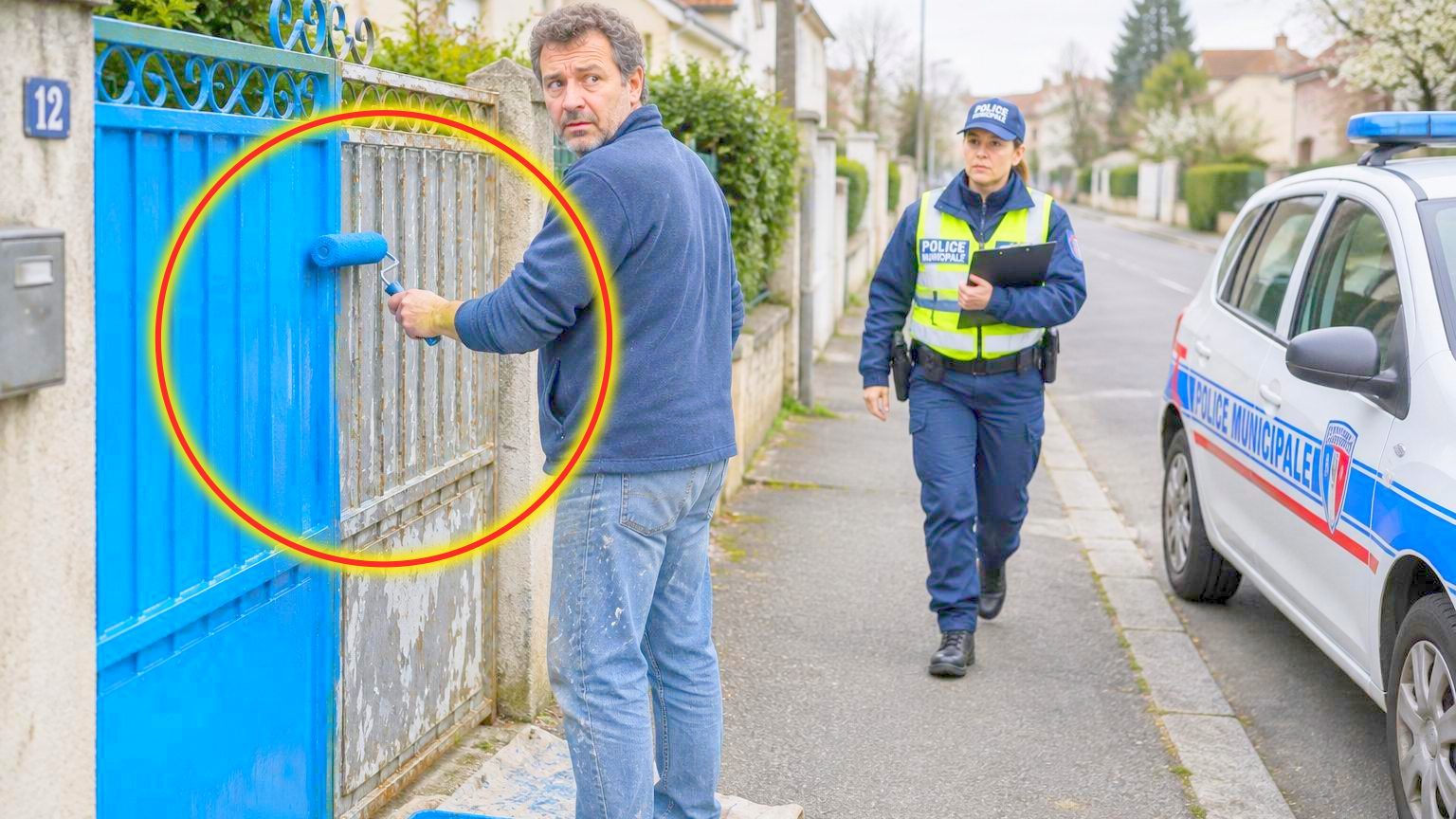 Un portail de maison fraîchement repeint en couleur vive, avec pinceau et pot de peinture à proximité, illustrant les travaux de rénovation extérieure.