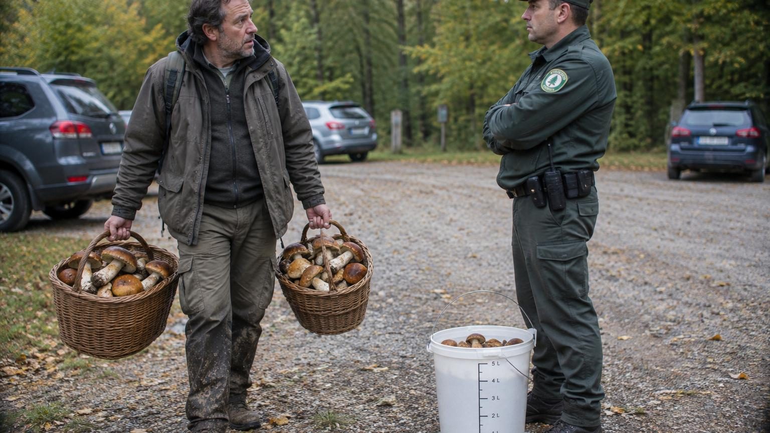 Il revient de forêt avec deux paniers de cèpes : le garde forestier l'attend avec un seau de 5 litres et une question qu'il n'avait pas anticipée