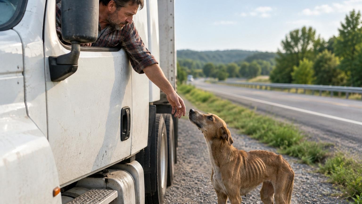 Il s'arrête en bord d'autoroute pour une simple pause : un chien errant s'approche de son camion et refuse de partir