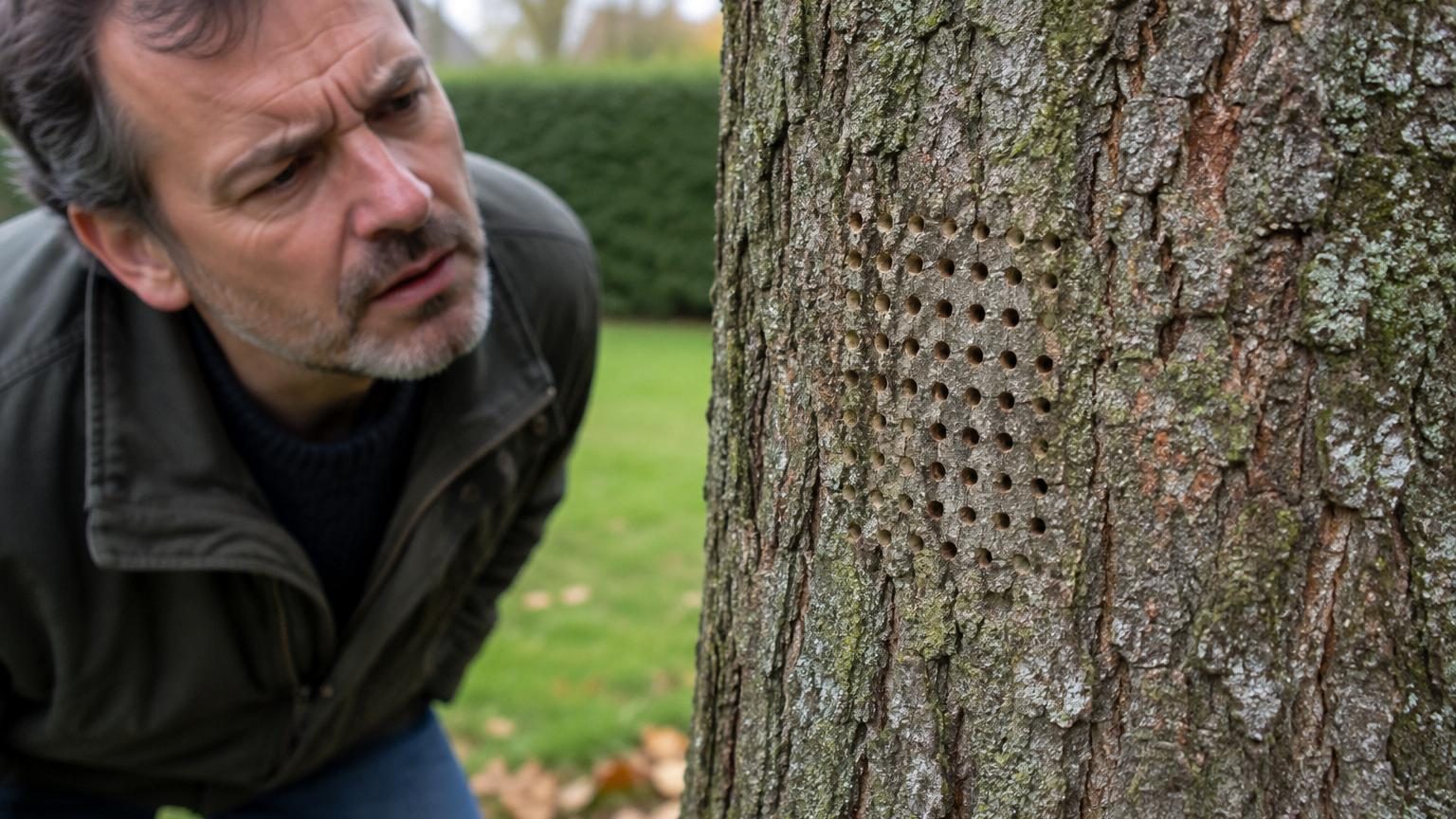 Il trouve une série de petits trous parfaitement alignés dans son arbre : le responsable n’est pas celui qu’il imaginait