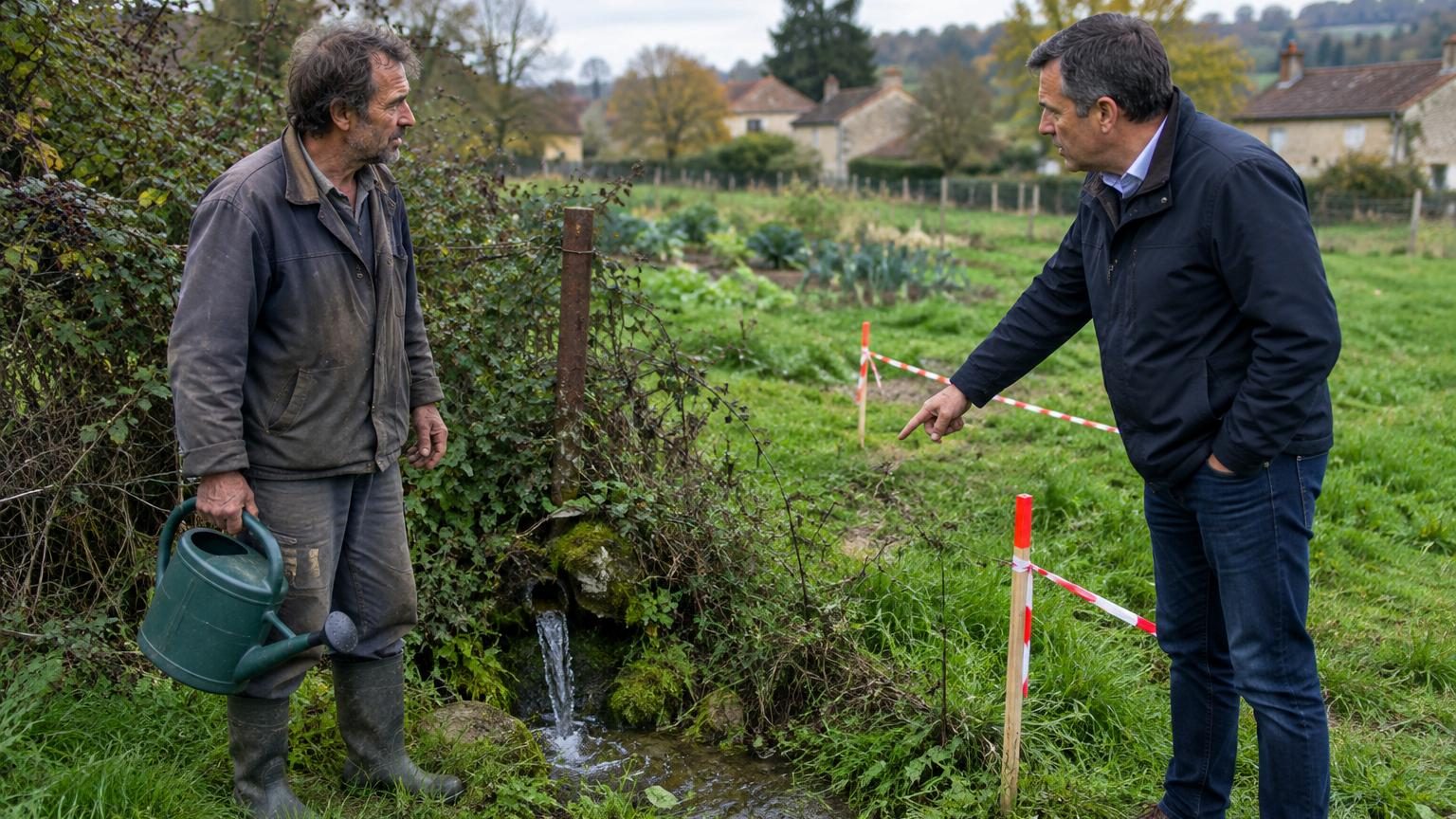 Il utilise une source située au fond de son terrain depuis son enfance : après la vente de la parcelle voisine, l’usage devient contesté