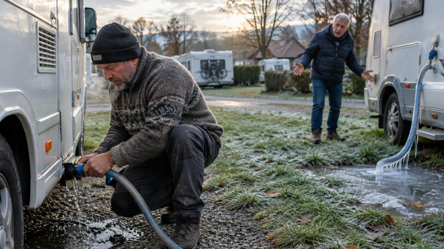 Il vidange le circuit d’eau de son camping-car un dimanche de novembre : au premier gel, son voisin comprend son erreur