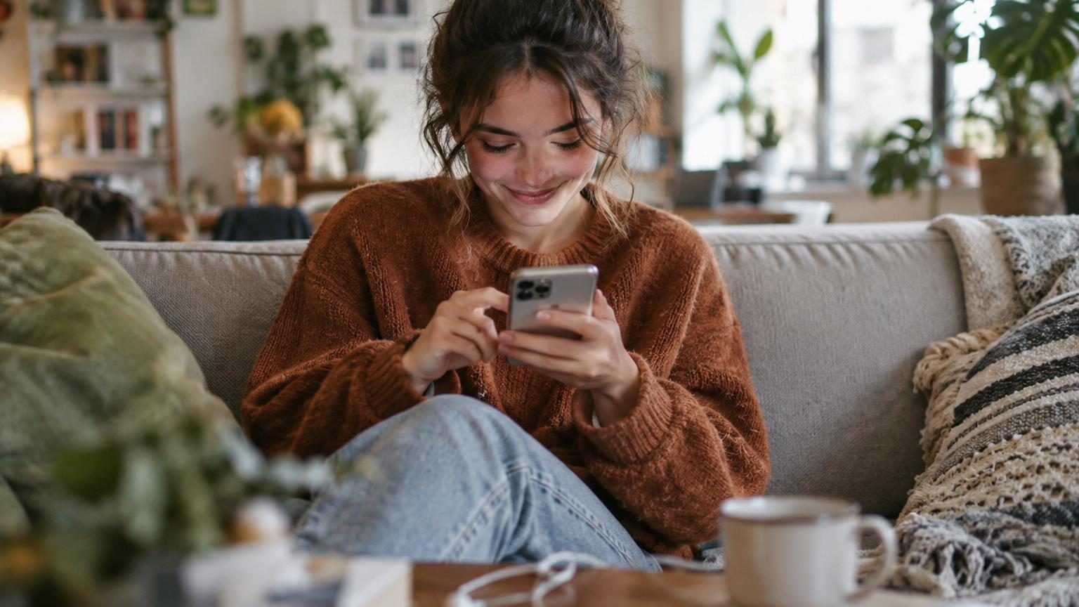Illustration montrant une personne souriante recevant des cœurs, des mèmes et des messages numériques flottant sur un écran de téléphone, symboles des petites attentions du pebbling.