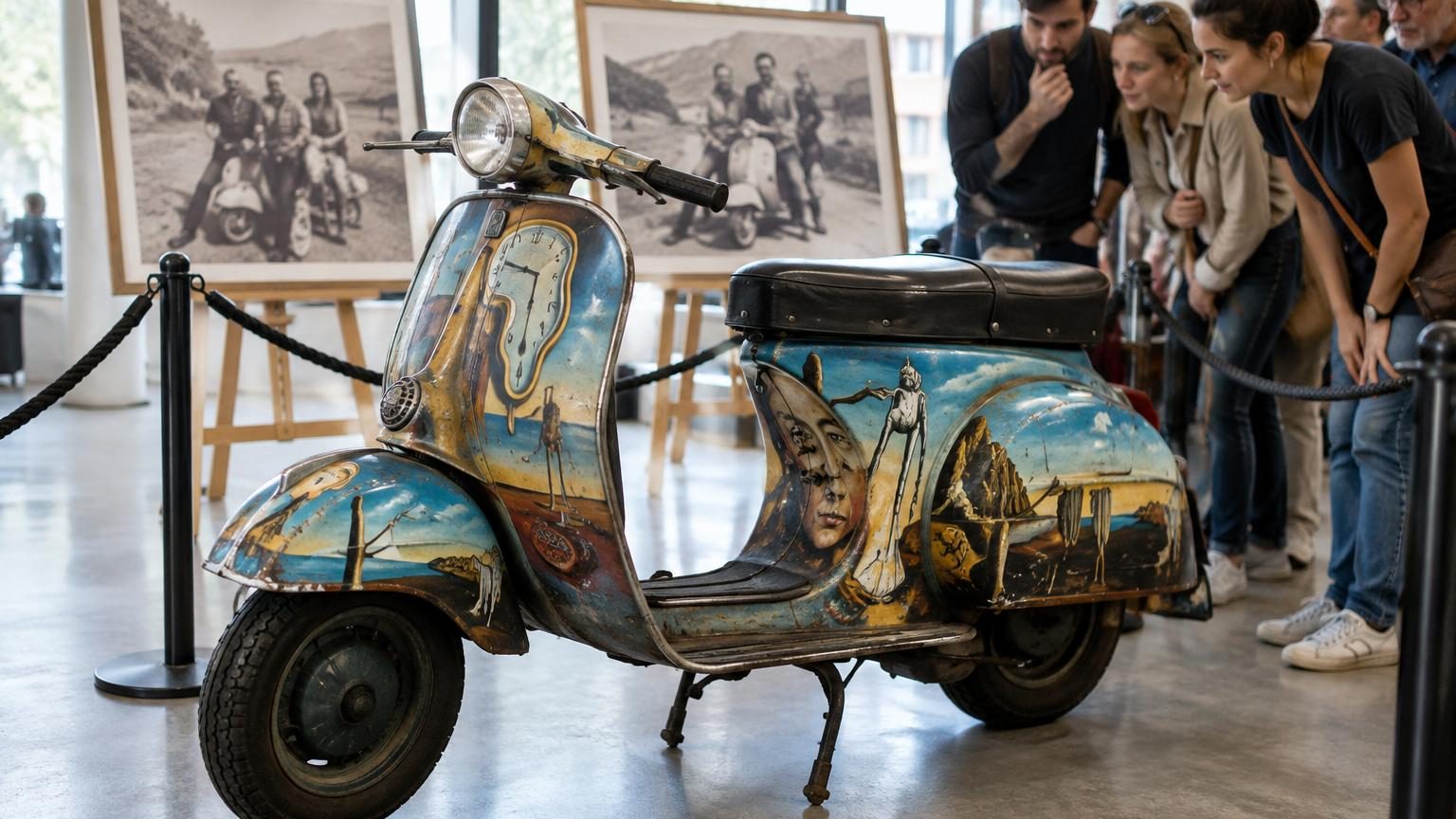Vespa S 125 blanche décorée par Salvador Dalí avec une croix, une épée et une couronne peintes, affichant les signatures de l'artiste et de Gala.