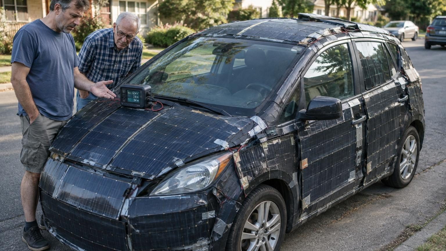 Voiture électrique recouverte de panneaux solaires noirs intégrés sur la carrosserie et le toit, stationnée au soleil.