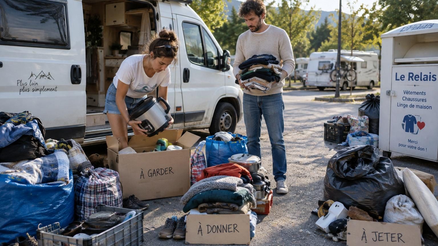 Ils partent en camping-car avec tout ce qu’ils pensent être nécessaire pour plusieurs mois : au bout de trois semaines, ils se débarrassent déjà d’une partie de leurs affaires