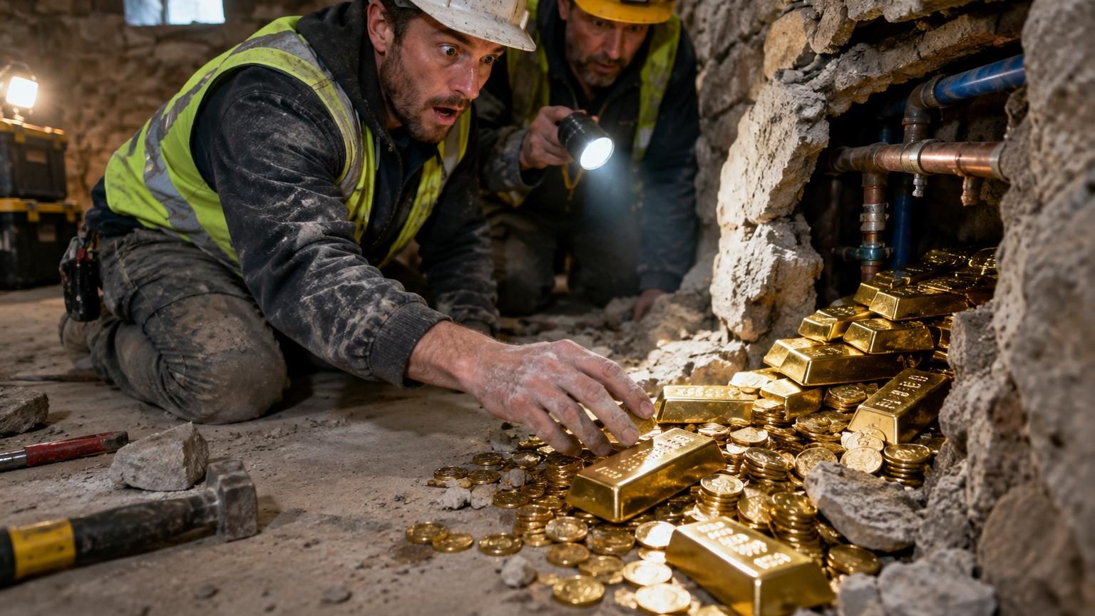 Ils percent le mur d'une cave pour poser des canalisations et tombent sur des lingots et des pièces d'or : 10 millions de dollars dissimulés