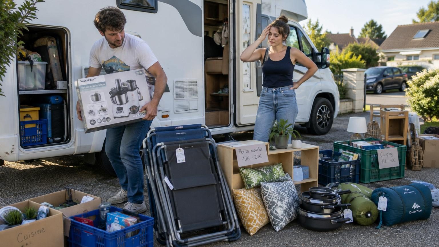 Ils remplissent leur camping-car de meubles et d’objets avant leur premier grand voyage : à leur retour, ils mettent presque tout en vente
