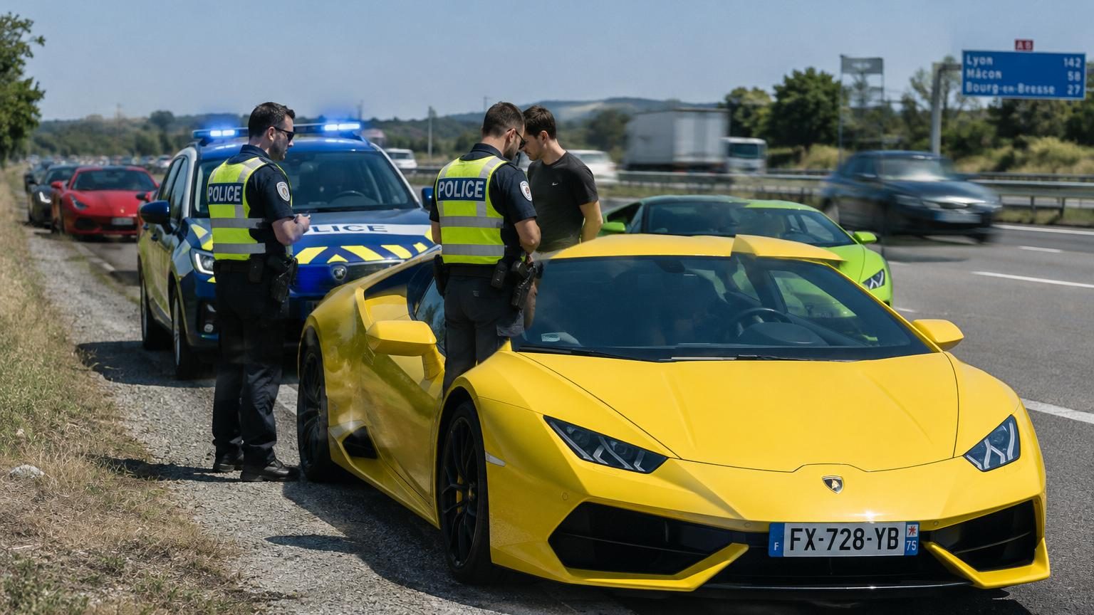 Ils roulent à 27 km/h sur l'autoroute au volant de cinq Lamborghini : la police saisit les six véhicules de luxe