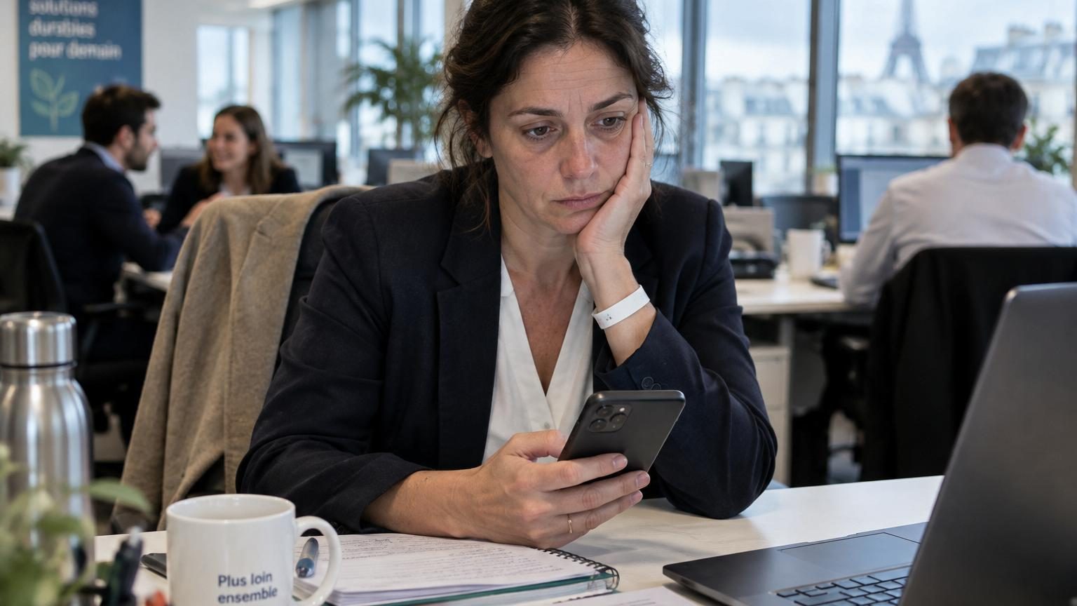 Femme en bureau, téléphone à l'oreille, l'air préoccupée, symbolisant le jonglage entre vie professionnelle et responsabilités familiales d'aidance