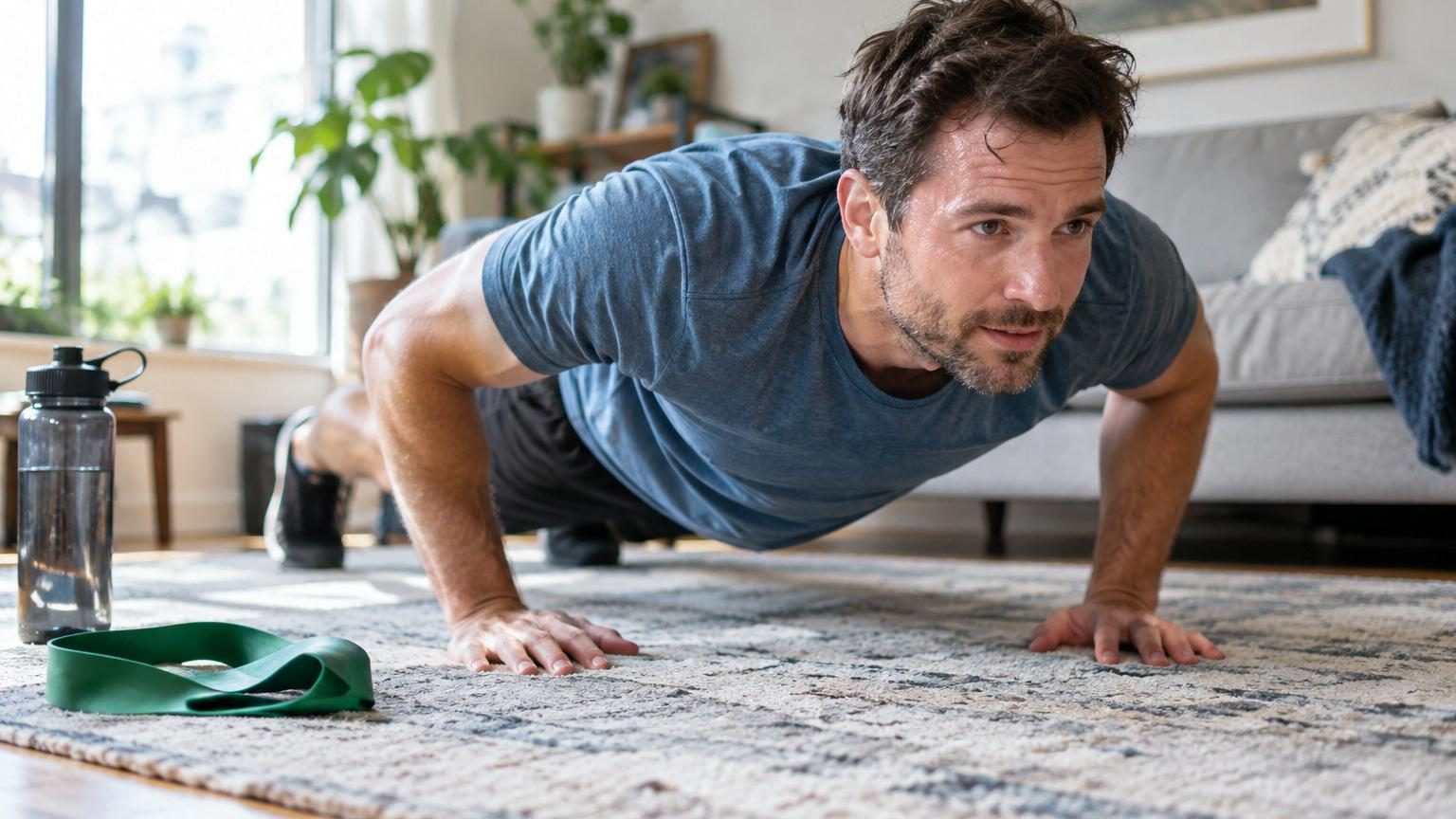 Une personne réalisant des exercices de musculation simples sans équipement, tels que des pompes ou des squats, dans un espace minimal à domicile.