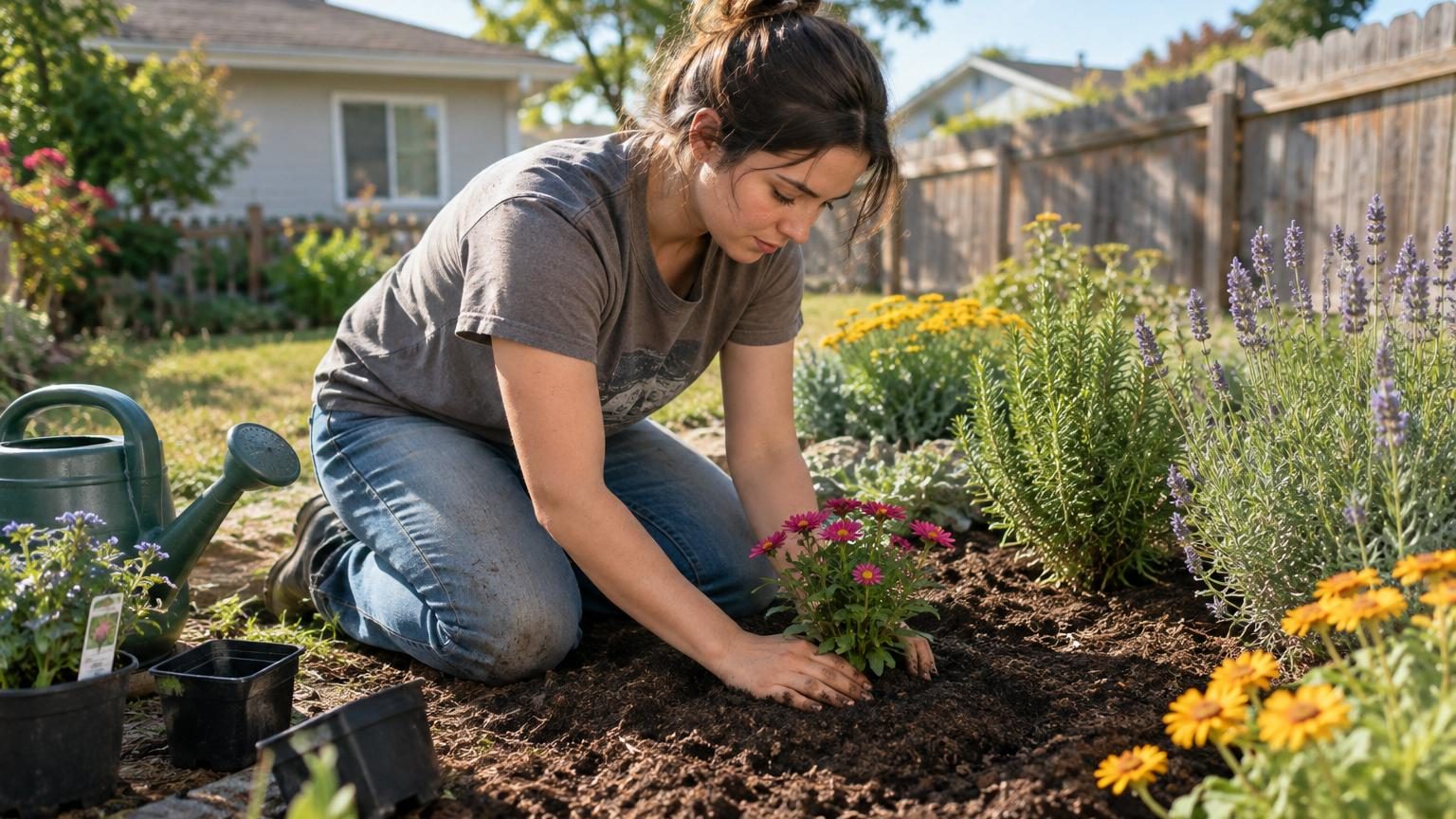 Massif de jardin coloré avec géraniums vivaces roses, crocus pourpres, feuillage pourpre d'heuchère et couvre-sols verts en pleine croissance.