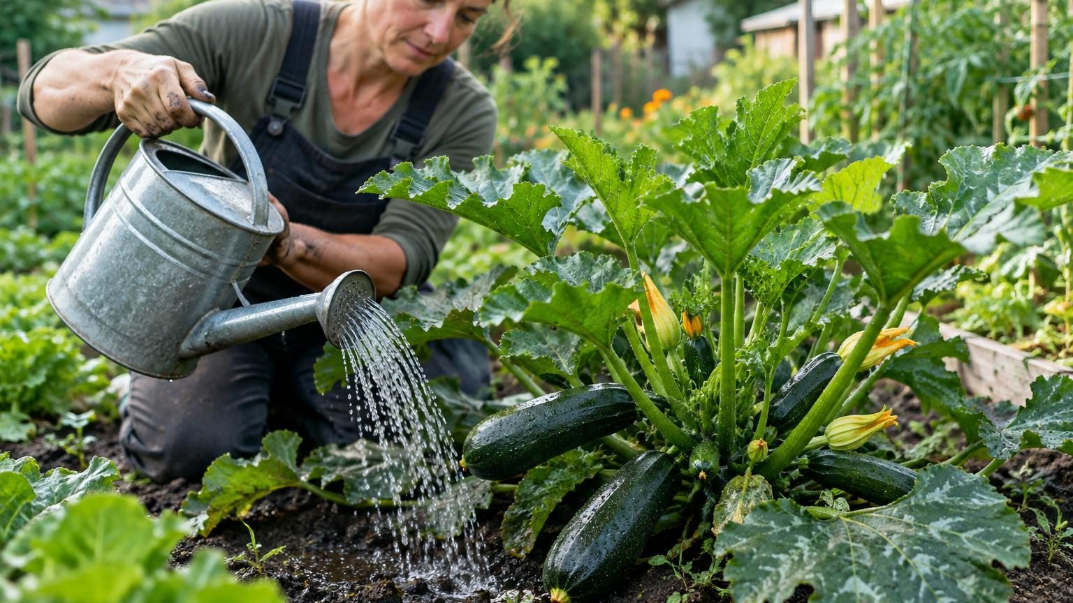 Plant de courgette avec petits fruits et feuilles vertes, entouré d'une cuvette circulaire de terre retenant l'eau d'arrosage