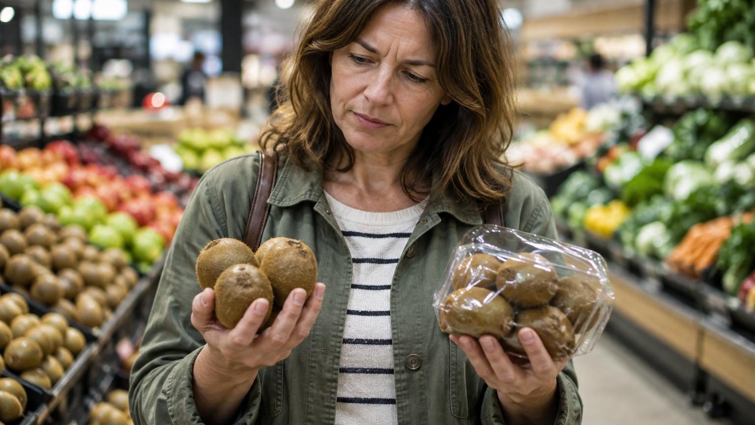 Kiwis verts et jaunes exposés en barquettes et en vrac sur un rayon de supermarché, avec étiquettes de prix visibles affichant les différentes tarifications.