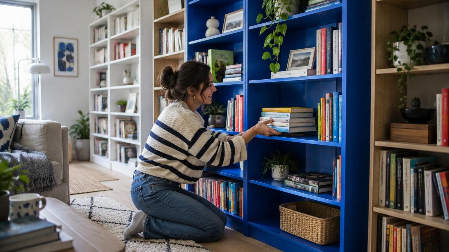 Bibliothèque BILLY d'IKEA en bleu cobalt intense, posée contre un mur blanc, contenant des livres et objets de décoration, incarnant un point focal coloré dans un intérieur épuré.