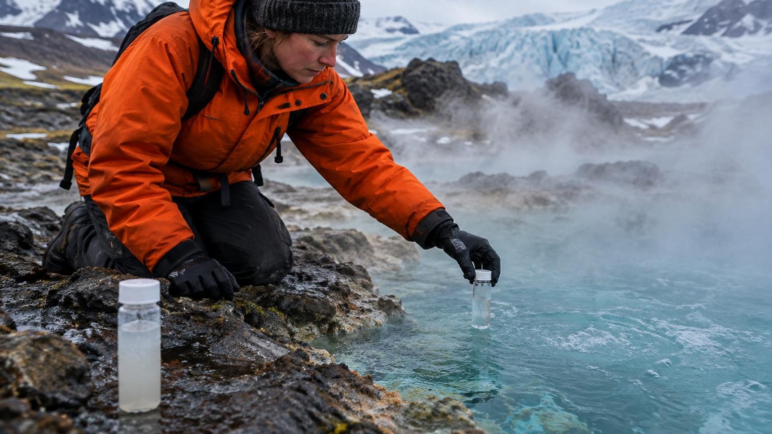 Représentation artistique de microbes extrêmophiles dans un environnement hostile : cristaux de glace, source chaude avec vapeur bouillante, relief rocheux contrasté sous une lumière scientifique.