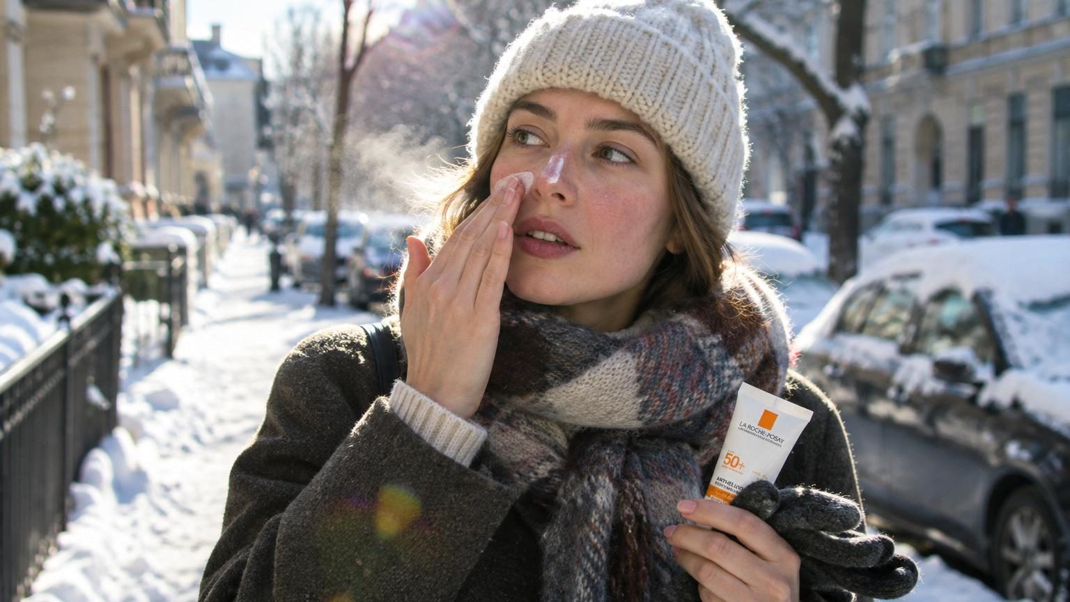 Personne en vêtements d'hiver appliquant de la crème solaire sur son visage en montagne enneigée sous un soleil brillant.