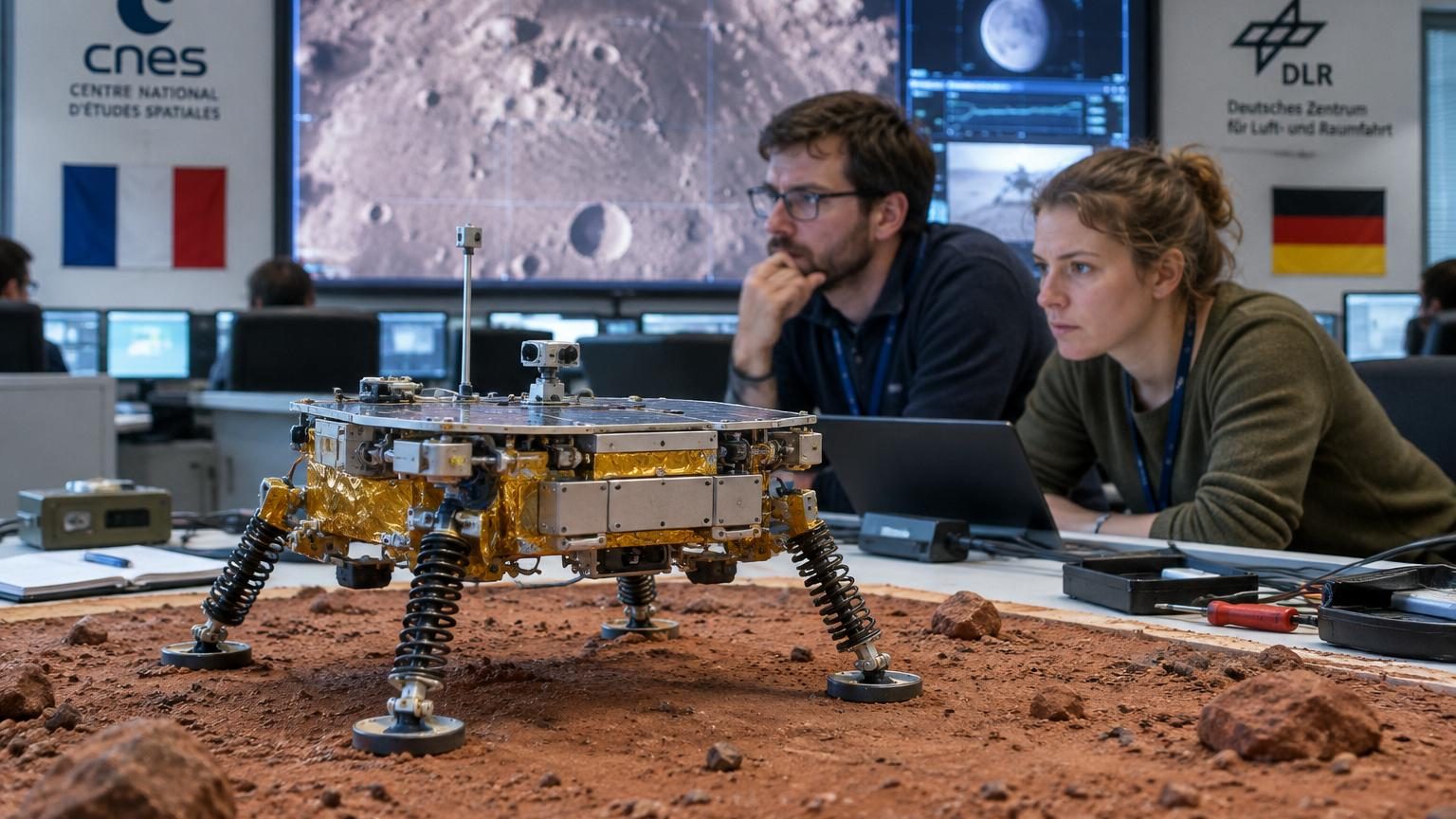 La France et l'Allemagne vont lâcher leur rover sur une lune de Mars sans jamais le freiner : tout se jouera sur un rebond de quelques centimètres par seconde