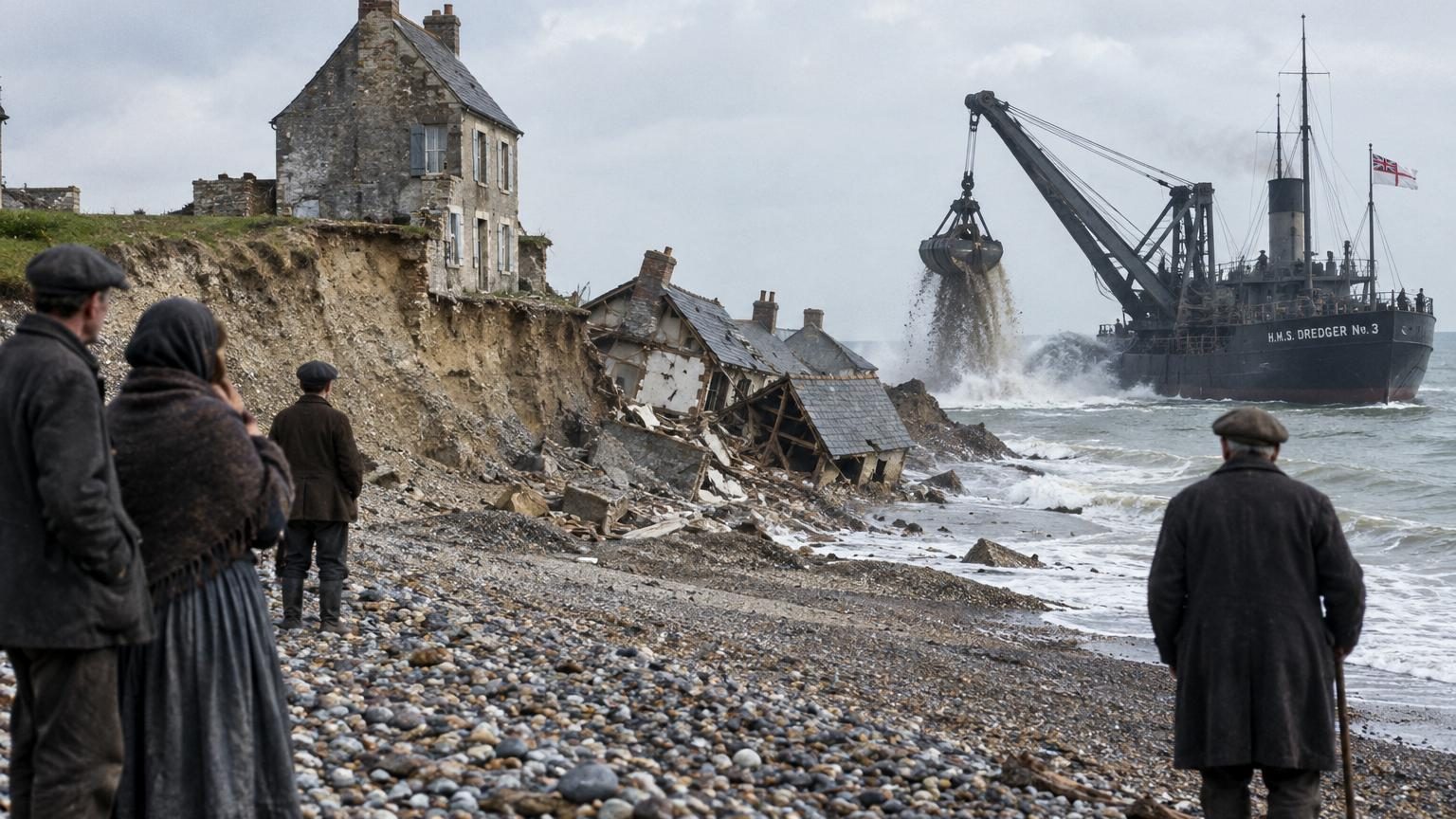 La Marine britannique a dragué jusqu'à 1 600 tonnes de galets par jour devant ce village : en 1917, une seule maison restait habitable