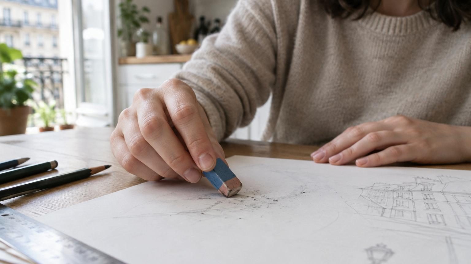 Gros plan sur une gomme bicolore classique rose-rouge et bleu, posée à côté d'un crayon et de papiers, illustrant l'usage quotidien scolaire.