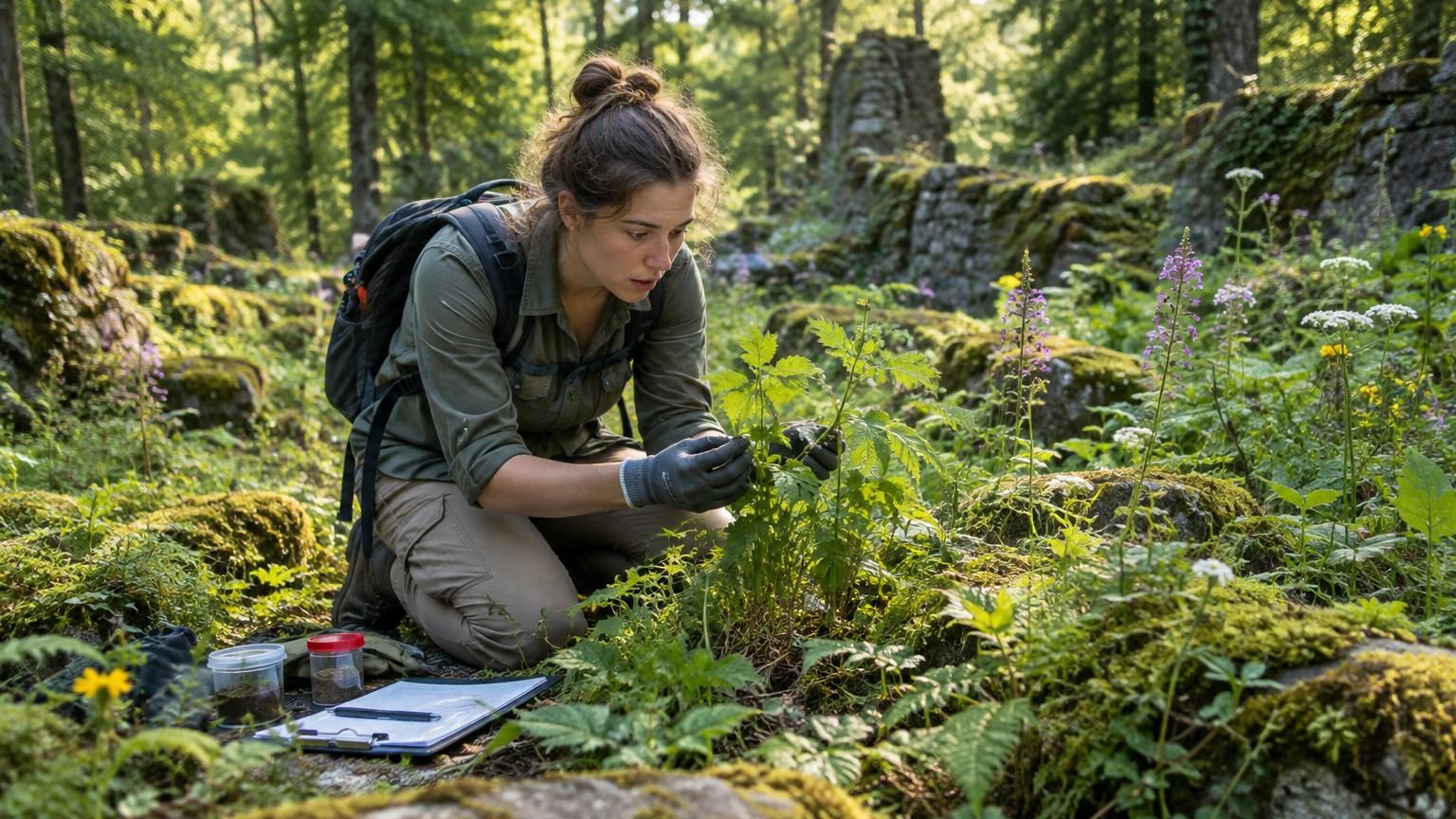 Paysage agricole médiéval avec champs, prairies et bosquets formant une mosaïque diversifiée, symbolisant la biodiversité générée par l'activité humaine.