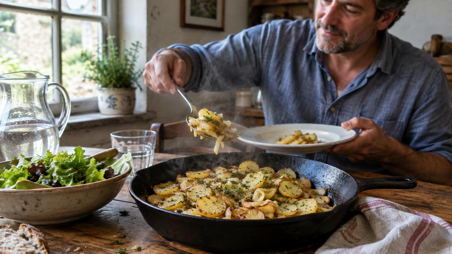 Plat de pommes de terre boulangères dorées et fondantes avec oignons caramélisés, versées dans un plat à gratin chaud.