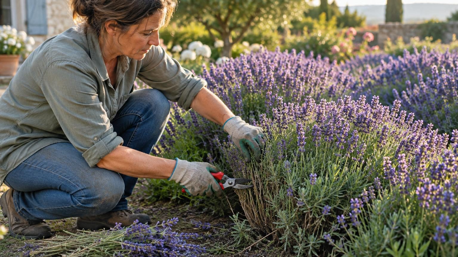 Massif de lavande densément fleurie aux épis violets, formant un coussin régulier et bien bombé dans un jardin ensoleillé.